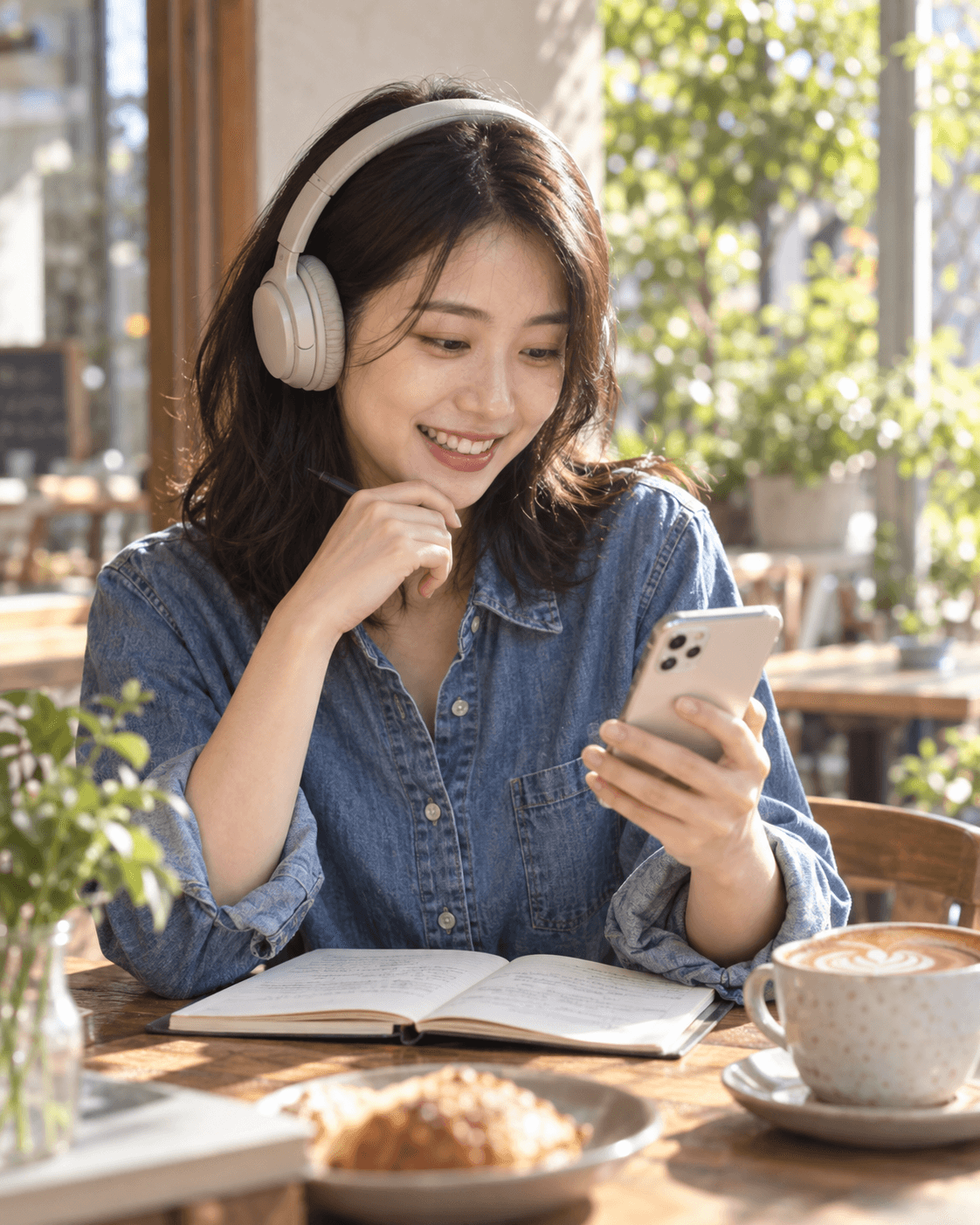 A learner studying with headphones at a café